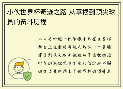 小伙世界杯奇迹之路 从草根到顶尖球员的奋斗历程 小伙世界杯奇迹之路 从草根到顶尖球员的奋斗历程